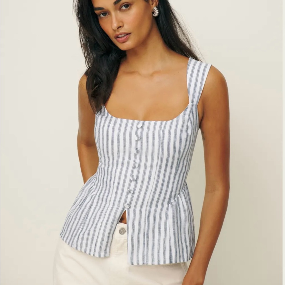 Reformation Blue and White Striped Square-Neck Tank